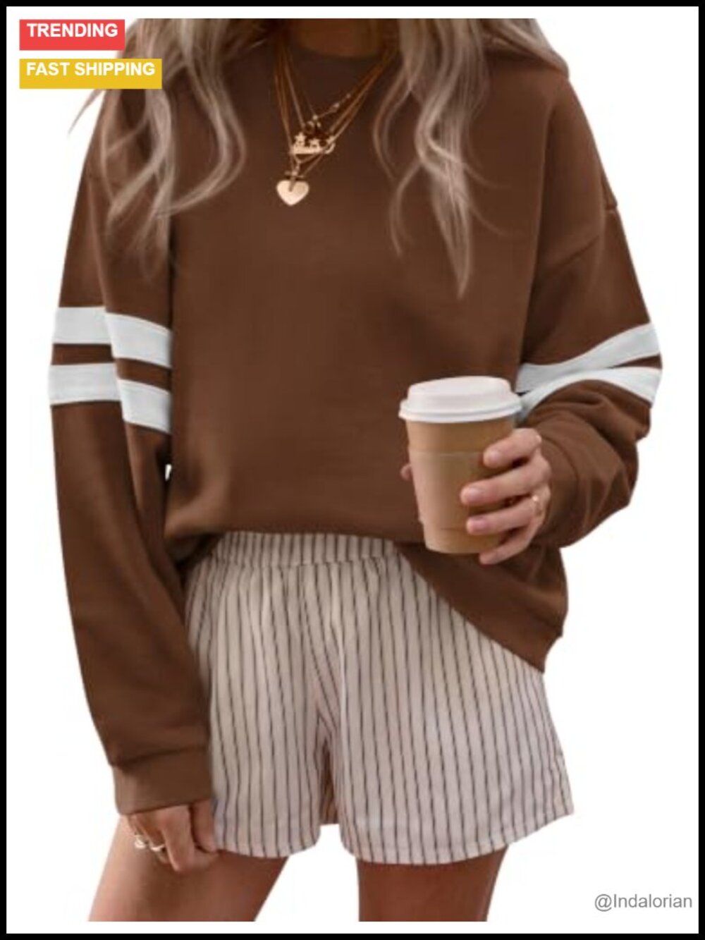BTFBM Womens Varsity Striped Crew Neck Long Sleeve Relaxed Fleece Sweatshirt